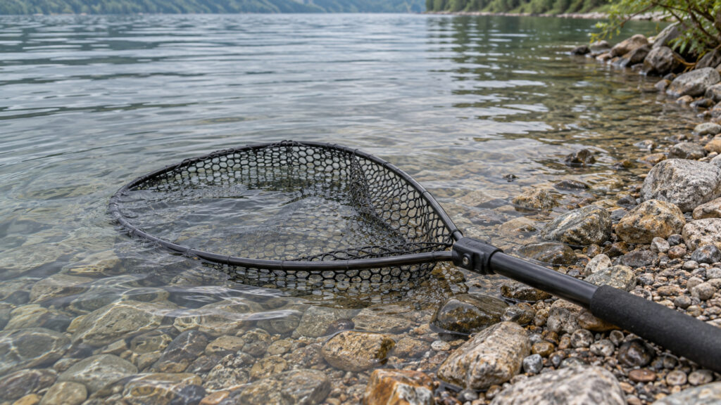Leerer gummierter Kescher im flachen Wasser neben einem Kiesufer