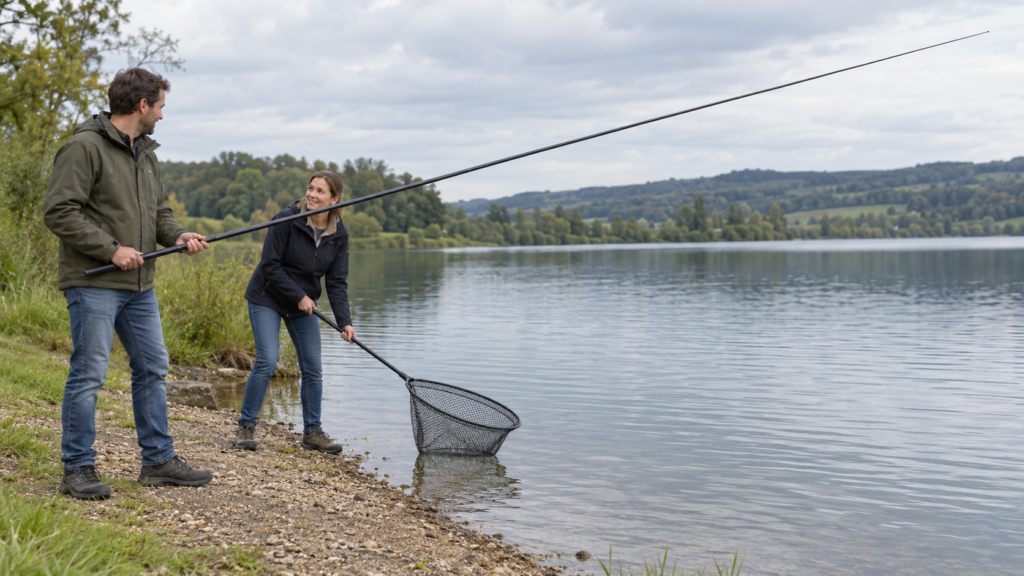 Zwei Erwachsene stimmen sich am Ufer ab: einer hält eine vollständig sichtbare unbestückte Stipprute, die andere einen leeren Kescher am Wasser.