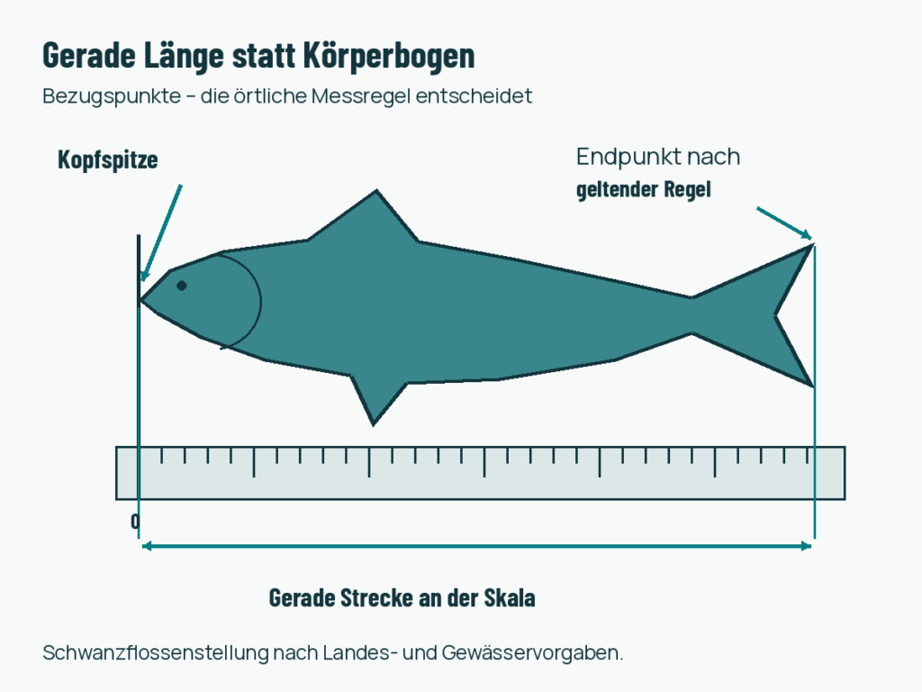 Schematischer Fisch mit Kopfspitze am Nullpunkt und gerader Messstrecke zur Schwanzflosse