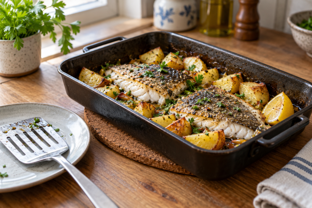 Zwei gegarte Fischportionen mit Kartoffeln und Zitrone in einem Bräter auf einem Korkuntersetzer