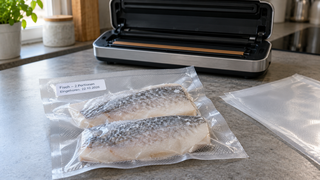 Zwei gefrorene Fischfiletportionen im beschrifteten verschweißten Vakuumbeutel neben einem geöffneten unbeschrifteten Vakuumierer