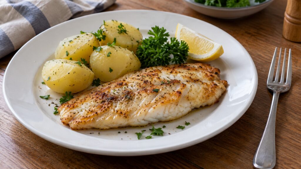 Gebratenes Fischfilet mit Kartoffeln, Zitrone und Petersilie auf einem Teller