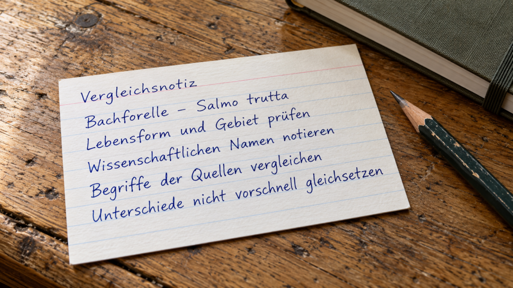 Ausgefüllte Lernkarte mit Bachforelle und Salmo trutta sowie Fragen zu Lebensform, Gebiet und Quellenbegriffen