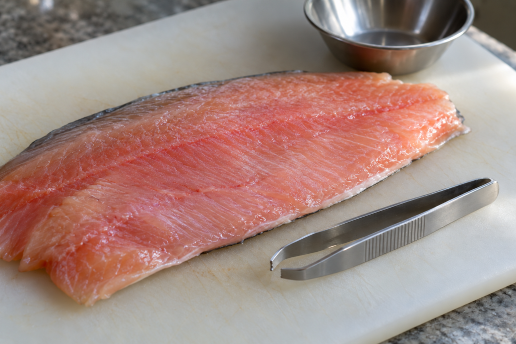 Rohes Fischfilet auf einem sauberen Schneidbrett neben einer Grätenpinzette und einer kleinen Schale