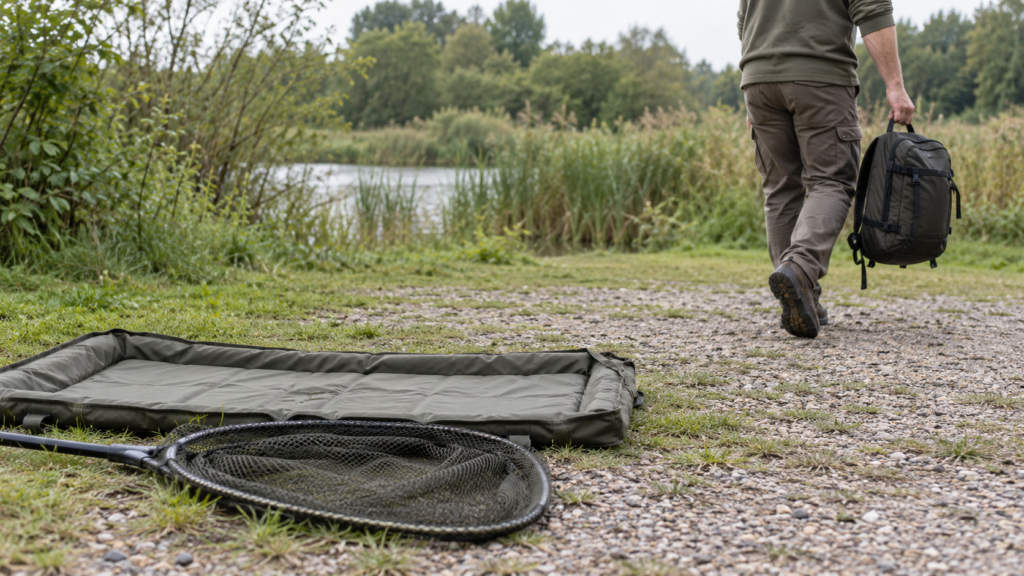 Eine Person trägt einen geschlossenen dunklen Rucksack am Tragegriff über einen ebenen Kiesweg; im Vordergrund liegen ein leerer Kescher mit einem Stiel und eine leere gepolsterte Unterlage.