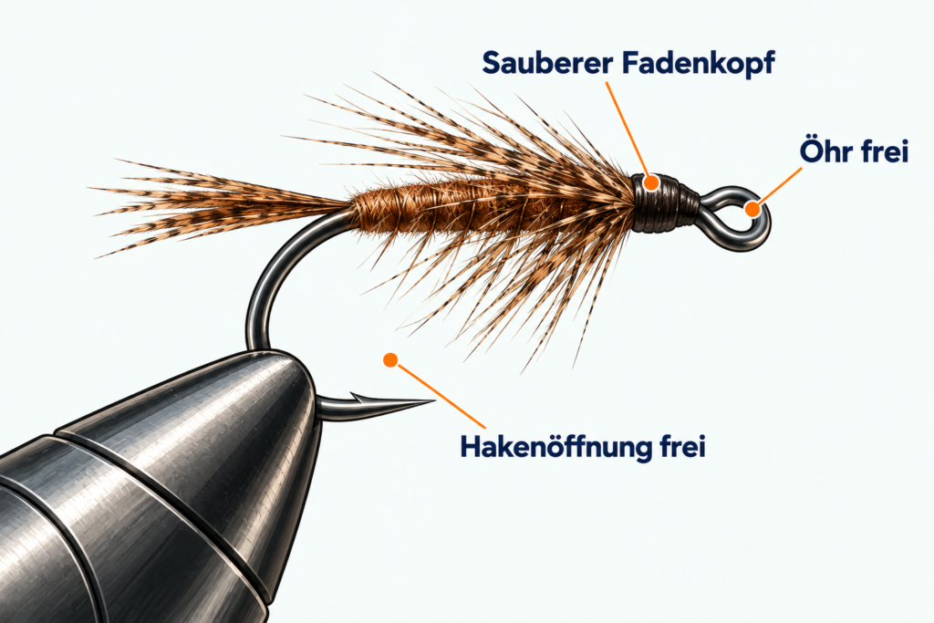 Detailzeichnung einer braunen gebundenen Fliege am Haken im Bindestock mit freiem Öhr, kompaktem Fadenkopf und sichtbarer Hakenöffnung mit Widerhaken