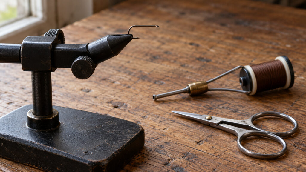 Bindestock mit eingespanntem ungebundenem Haken, Fadenhalter mit Spule und kleiner Schere