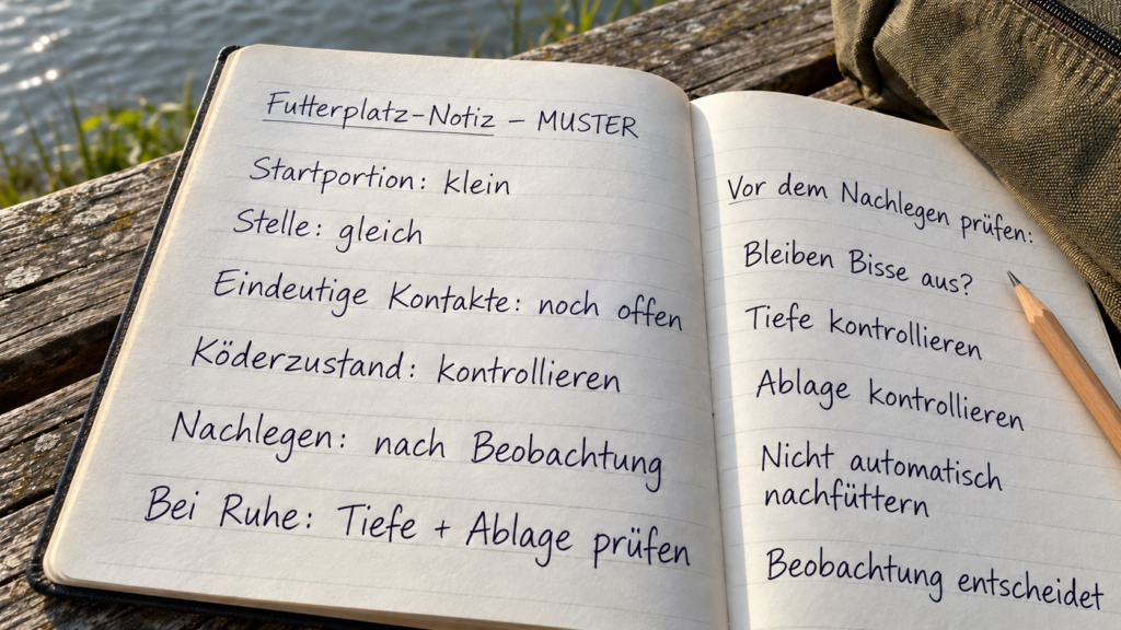 Futterplatz beobachten und Nachlegen abwägen Zweiseitige Muster-Notizen zu kleiner Startportion, gleichbleibender Stelle und Prüfung von Tiefe und Ablage vor dem Nachfüttern.