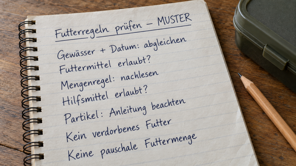 Futterregeln prüfen: Musterfragen Beschriebene Muster-Notizseite zu Futtermitteln, Mengenregeln, Hilfsmitteln und Vorbereitung.