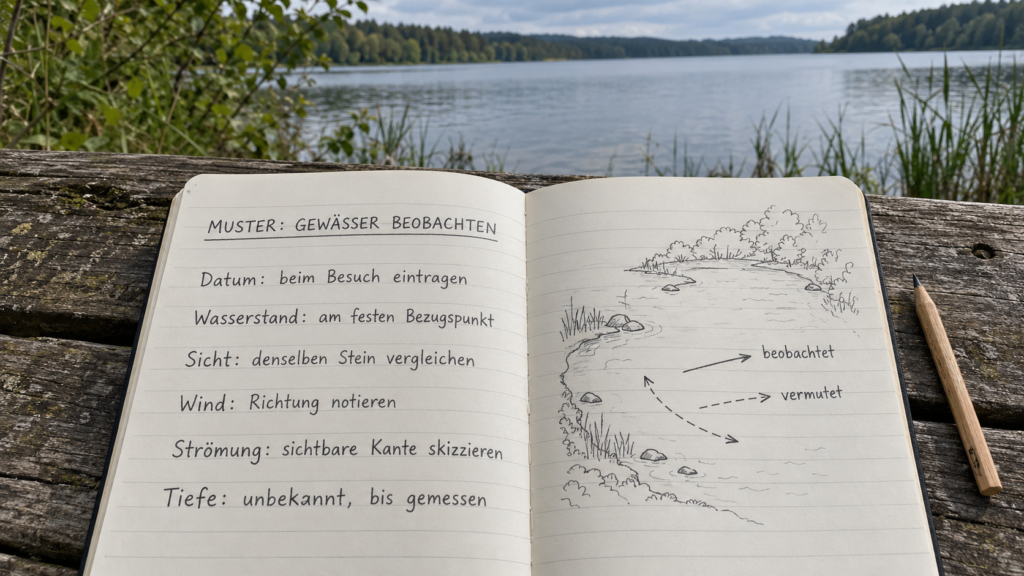 Geöffnetes Notizbuch mit lesbaren Musterangaben zu Wasserstand, Sicht, Wind und Strömung sowie Uferskizze