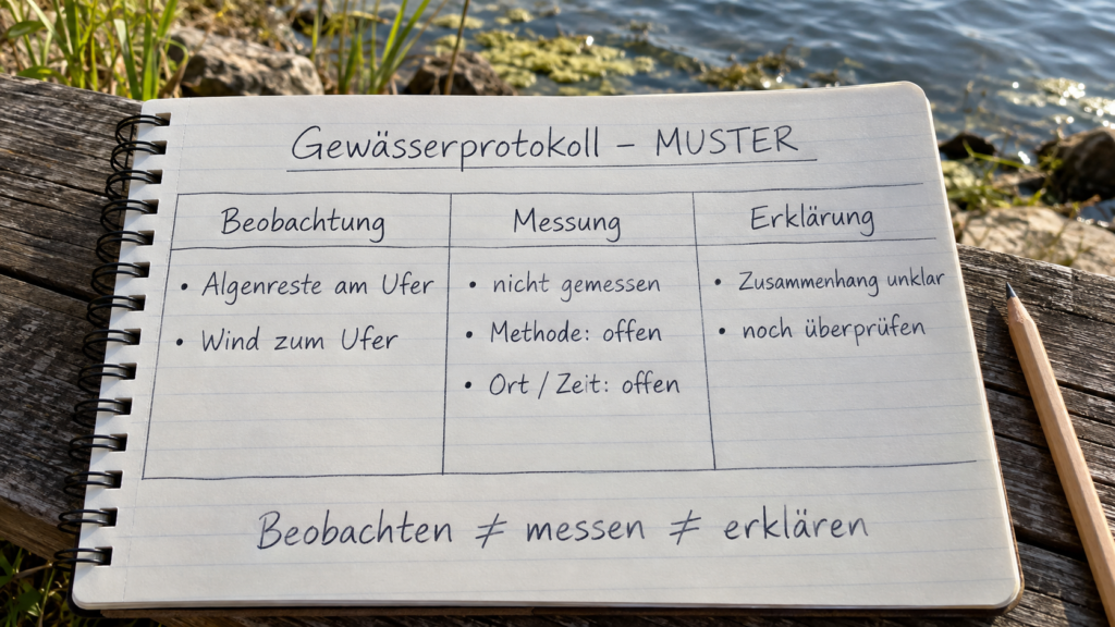 Muster einer Gewässernotiz mit drei Spalten für Beobachtung, ausdrücklich fehlende Messung und ungeklärte Erklärung