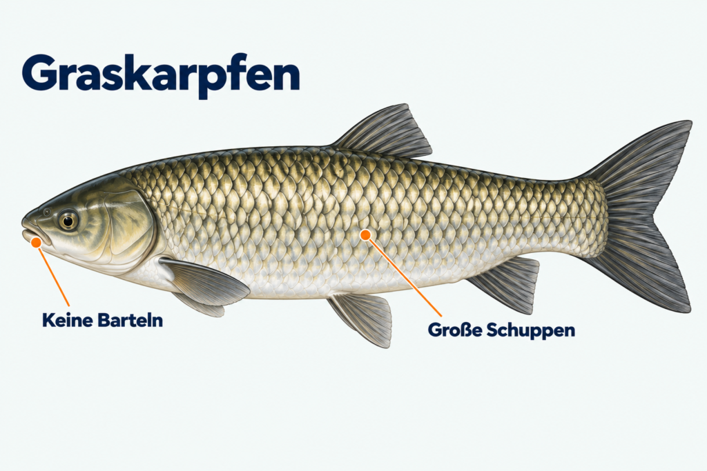 Graskarpfen mit langem Körper, großen Schuppen und bartellosem Maul