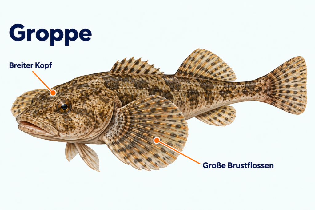 Groppe mit breitem Kopf und großen fächerförmigen Brustflossen