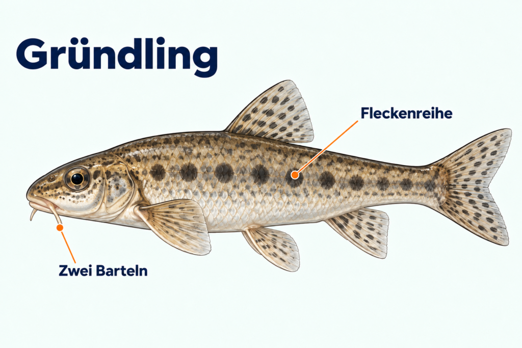 Gründling mit zwei Barteln am Maul und dunkler Fleckenreihe