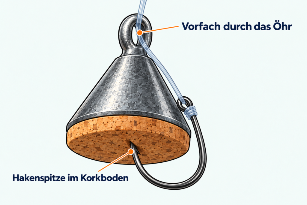 Detailzeichnung eines Korkboden-Grundsuchers: Das Vorfach läuft durch das obere Öhr, die Hakenspitze steckt von unten im weichen Boden