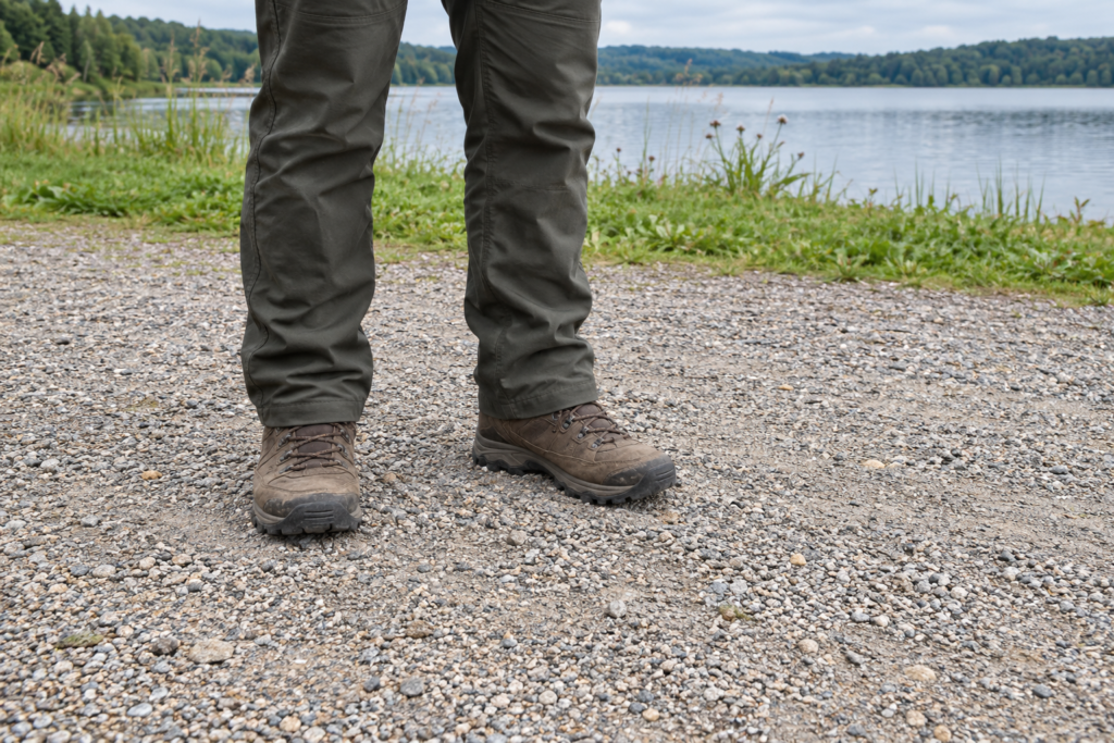 Zwei Wanderschuhe stehen mit Abstand auf einer trockenen Kiesfläche; im Hintergrund liegt ein See