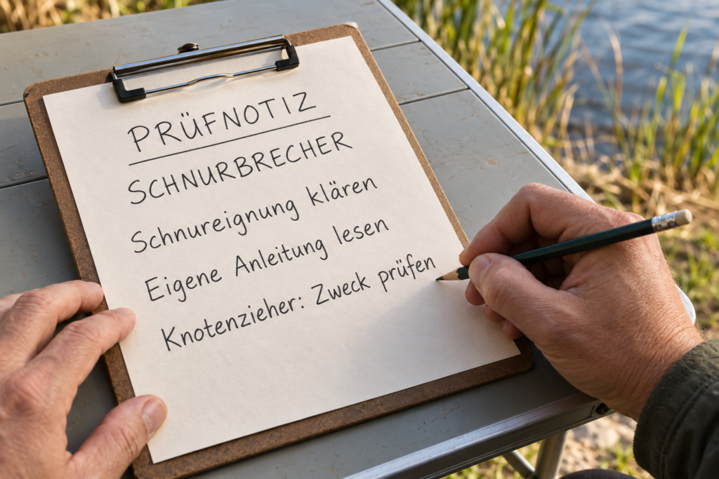 Eine Hand notiert Aufgaben zur Schnureignung, Werkzeuganleitung und zum Verwendungszweck eines Knotenziehers auf einem Klemmbrett