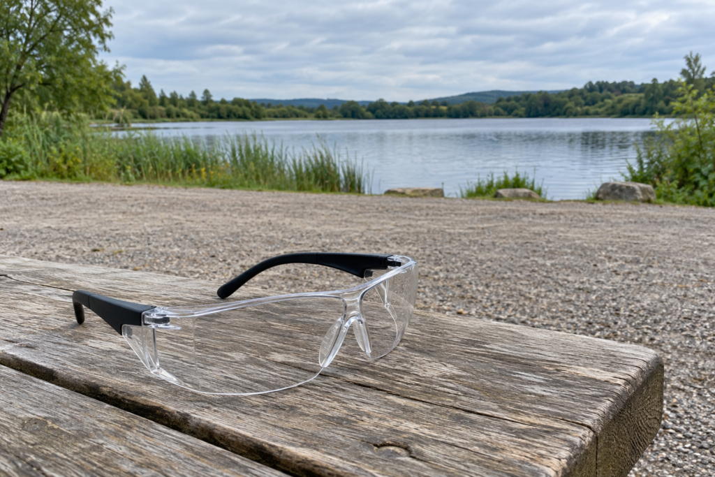 Klare Schutzbrille mit Seitenschutz auf einer Holzablage vor einem freien kiesigen Uferplatz