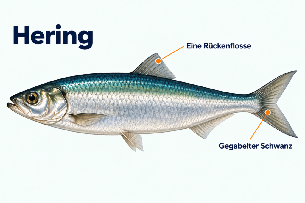 Hering mit einer Rückenflosse und deutlich gegabelter Schwanzflosse