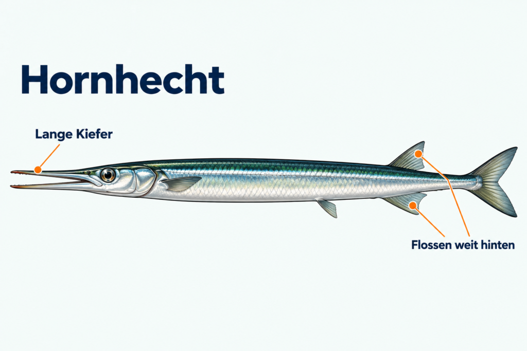 Hornhecht mit langen Kiefern und weit hinten sitzenden Flossen
