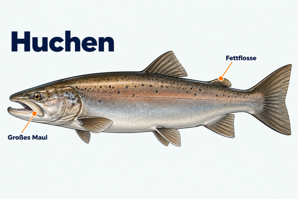 Huchen mit großem Maul, kleinen dunklen Punkten und glatter Fettflosse