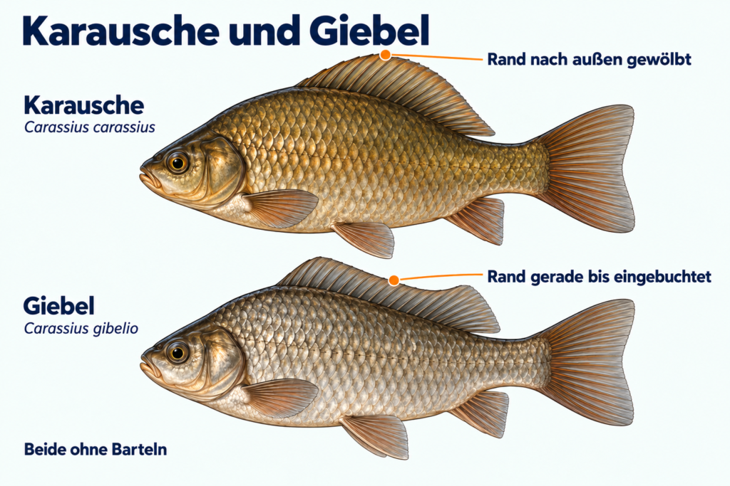 Karausche mit konvexem und Giebel mit geradem bis leicht konkavem Rückenflossenrand, beide ohne Barteln