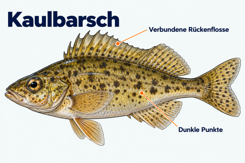 Kaulbarsch mit verbundenen Rückenflossenteilen und dunklen Punkten