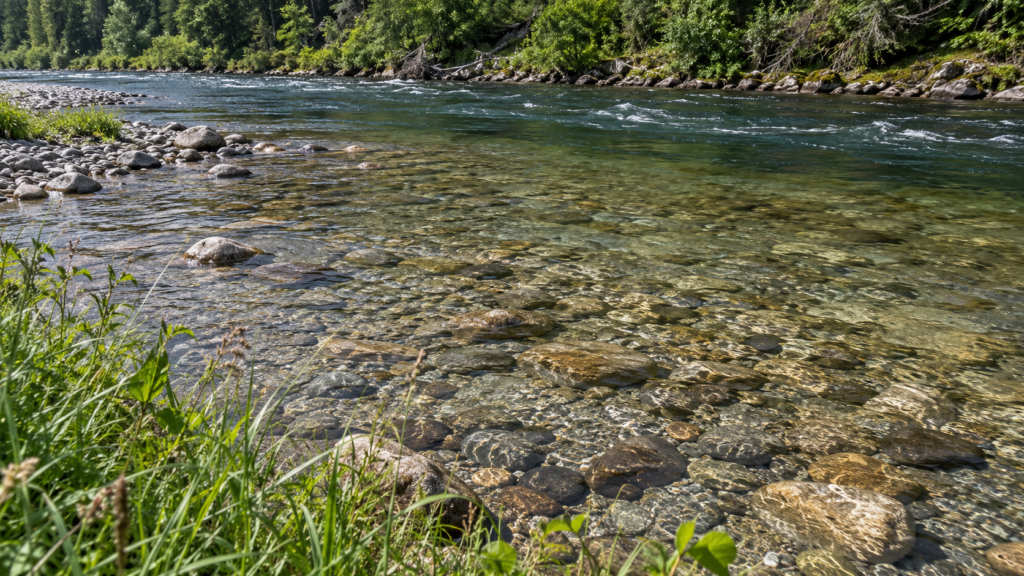 Flach überströmter Kies und größere Steine in einem Fluss