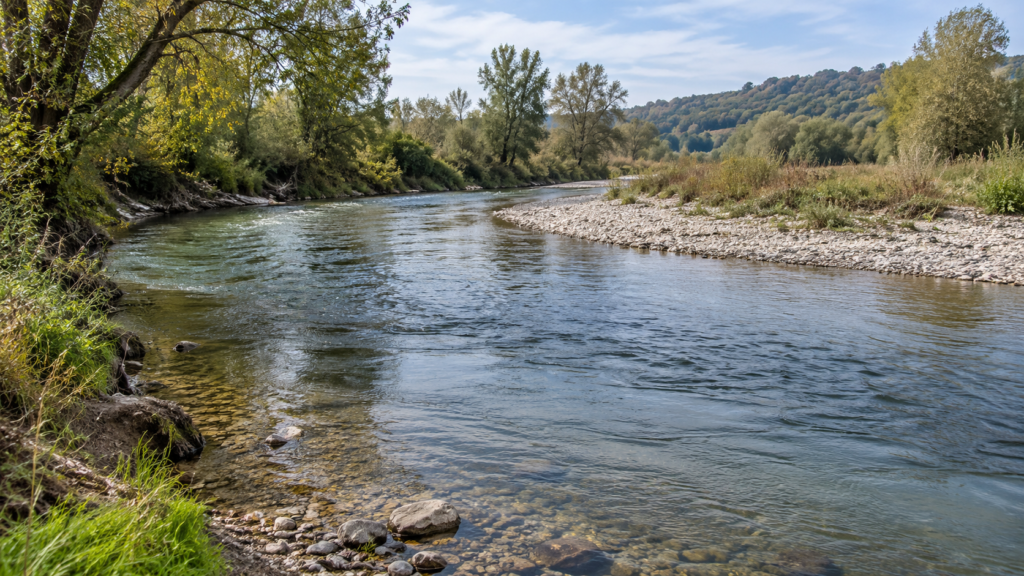 Kleiner Fluss mit gebogener Kiesbank, bewachsenen Ufern und unterschiedlich bewegter Wasseroberfläche.