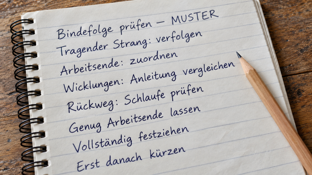 Muster-Notizen zum Prüfen von tragendem Strang, Arbeitsende, Wicklungen, Rückweg und Festziehen vor dem Kürzen.