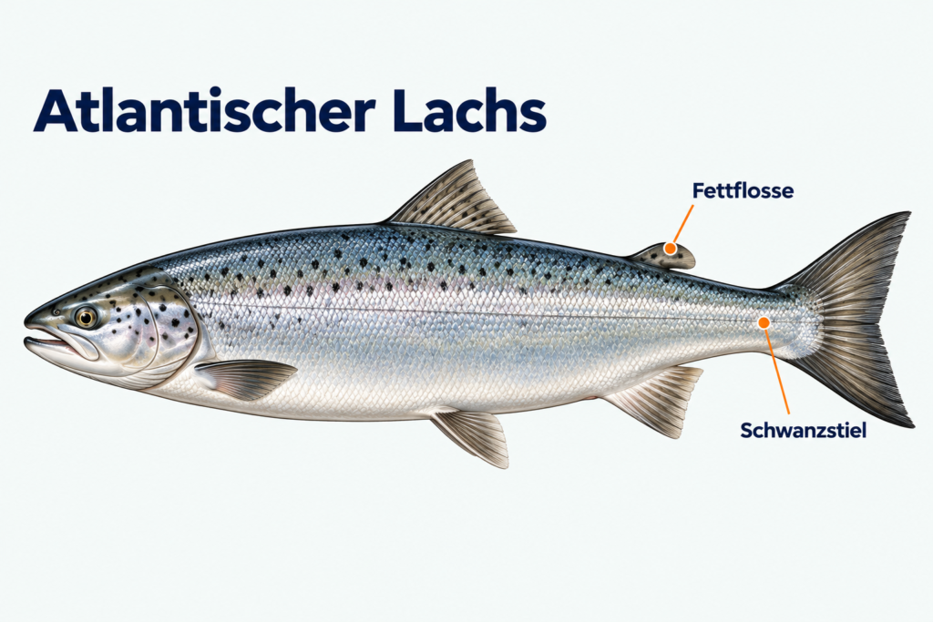 Seitliche Lernzeichnung Atlantischer Lachs mit markierten Erkennungsmerkmalen