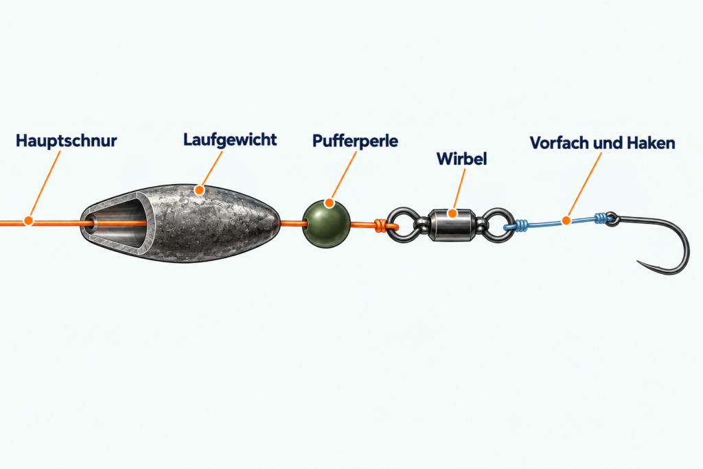 Aufbauübersicht einer Laufmontage: Hauptschnur durch ein aufgeschnitten gezeigtes Laufgewicht, Pufferperle, Wirbel, Vorfach und Einzelhaken
