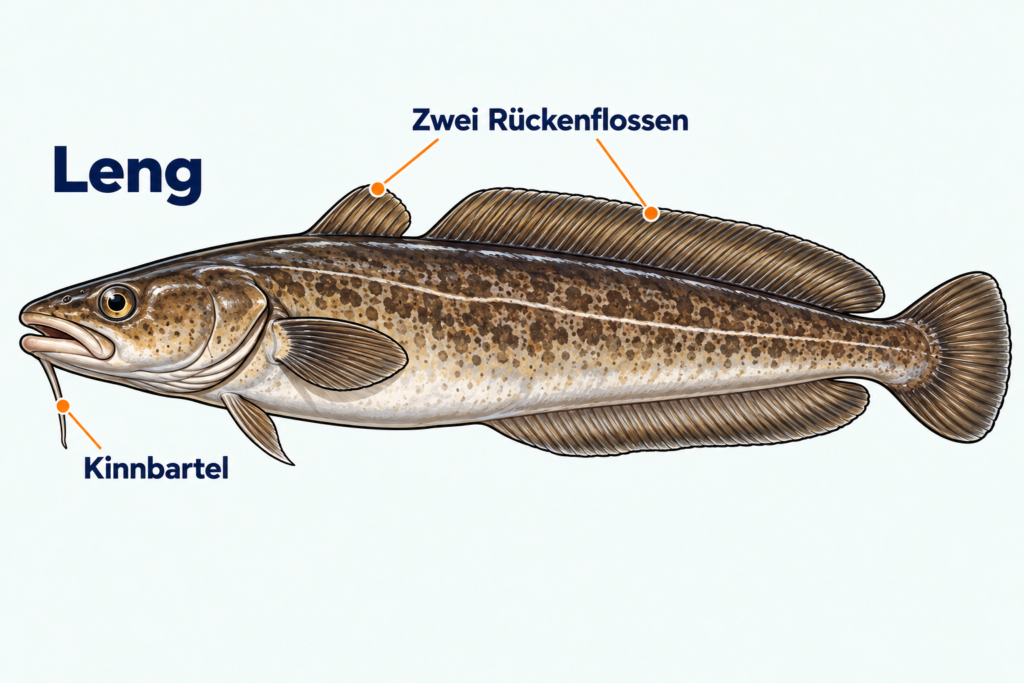 Detailreiche Lernzeichnung eines Lengs mit zwei Rückenflossen, langer Afterflosse und einer Kinnbartel