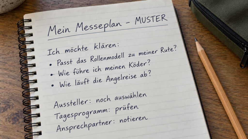 Ausgefüllter Muster-Messeplan mit Fragen zu Rolle, Köderführung und Angelreise sowie Aussteller, Programm und Ansprechpartner.