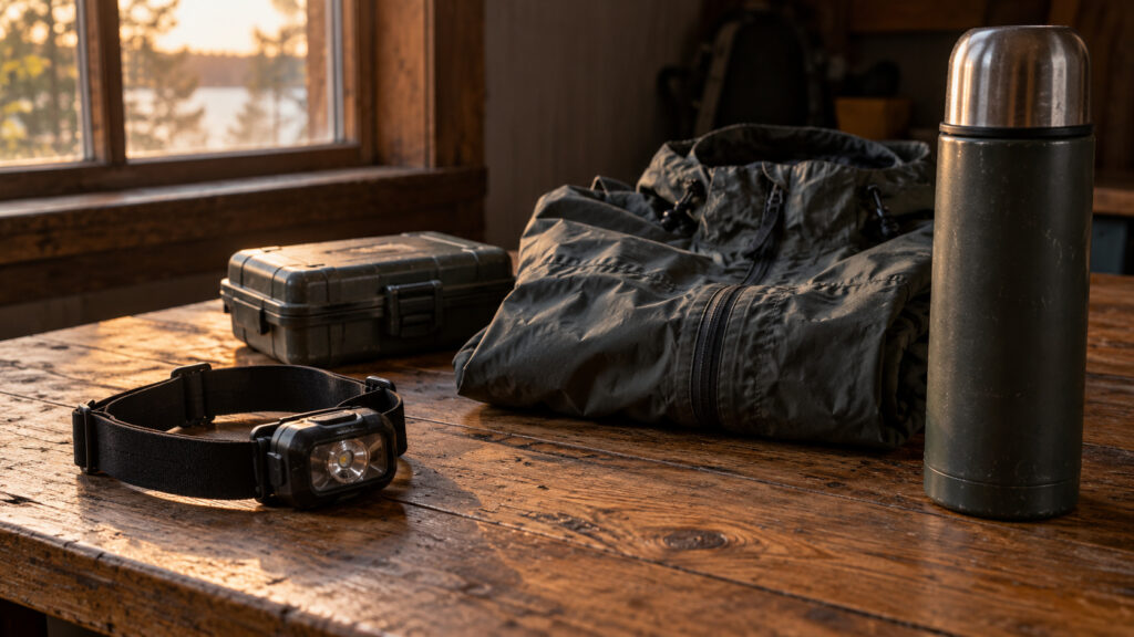 Stirnlampe, geschlossene Köderbox, Jacke und Thermosflasche auf einem Holztisch