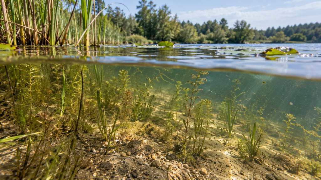 Flache Uferzone mit Schilf, Schwimmblättern und untergetauchten Pflanzen