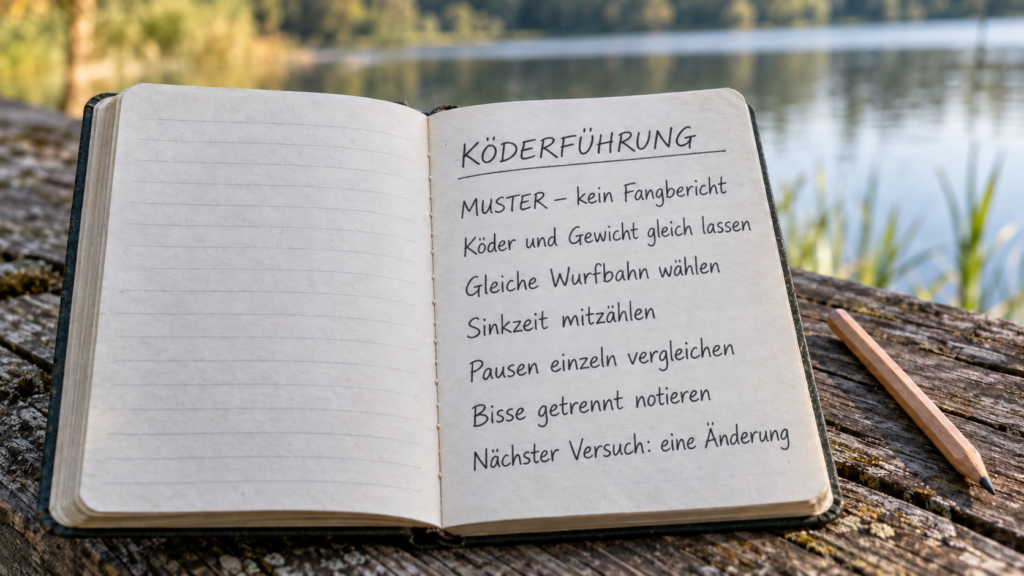 Ausgefülltes Muster-Notizbuch zur Köderführung: Köder und Gewicht gleich lassen, Wurfbahn wählen, Sinkzeit mitzählen und Pausen einzeln vergleichen