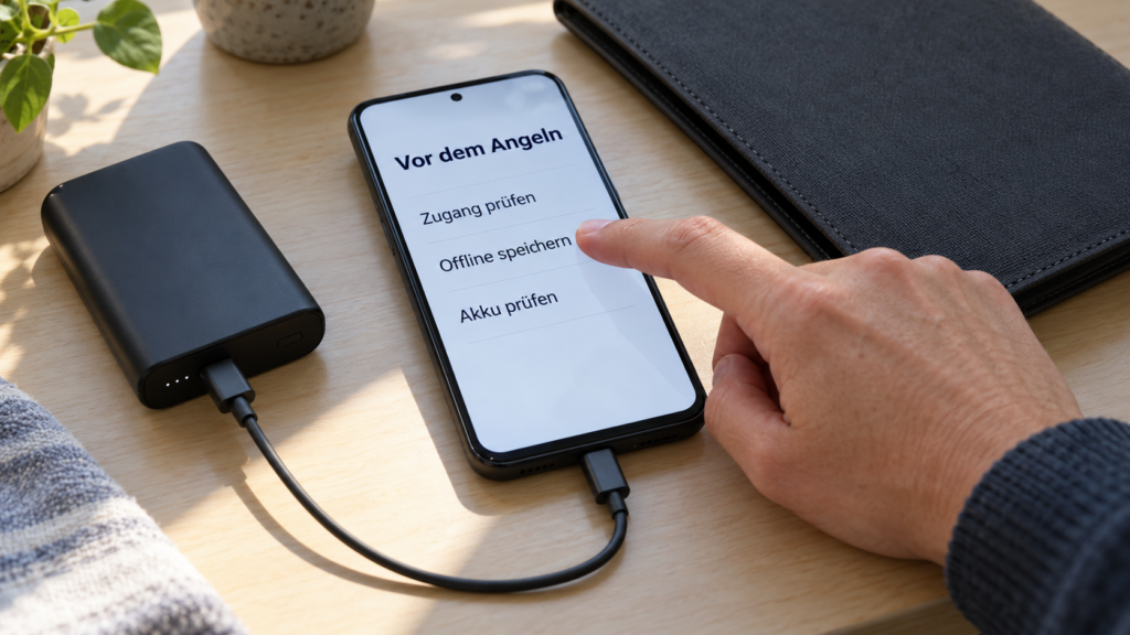 Ein Finger berührt den Bildschirm eines Smartphones mit der Überschrift „Vor dem Angeln“ und den Zeilen „Zugang prüfen“, „Offline speichern“ und „Akku prüfen“. Ein Kabel verbindet das Telefon mit einer Powerbank; daneben liegt ein geschlossenes Dokumentenetui.