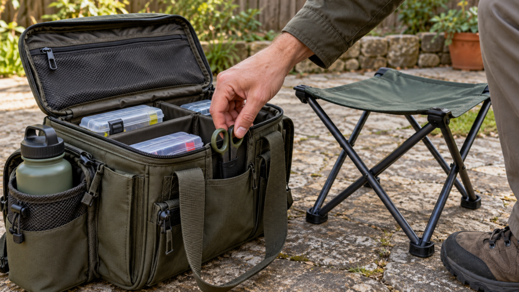 Eine Hand greift zu den zwei Griffösen einer Schere in einer Schutzhülle im festen Seitenfach einer offenen Tasche. Innen liegen geschlossene Boxen, außen steckt eine Trinkflasche; daneben steht ein leerer Klapphocker.