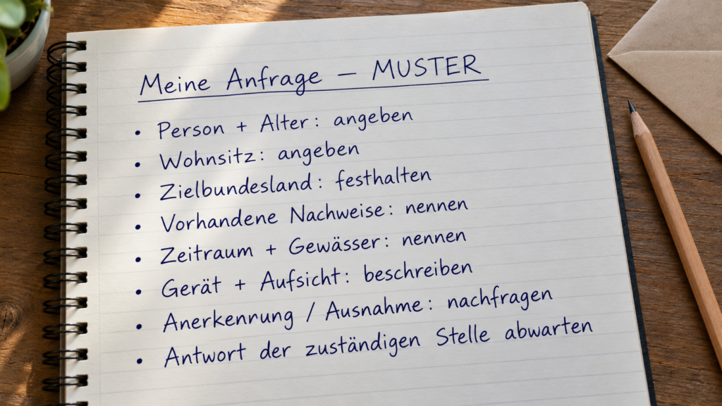 Muster-Notizseite mit Angaben für eine Anfrage zu Person, Wohnsitz, Nachweisen, Gewässer und Aufsicht.