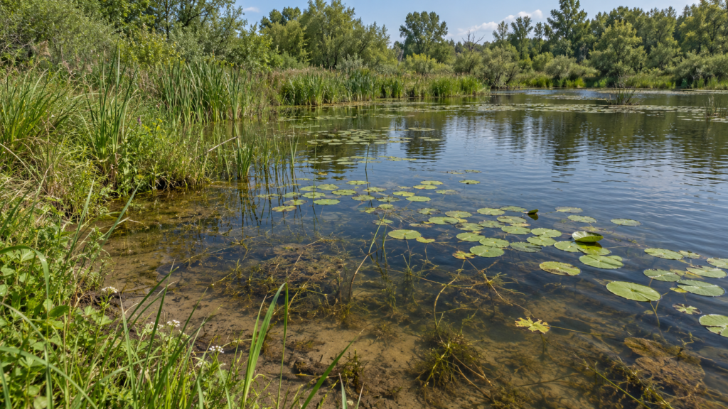 Ruhiger Gewässerarm mit Schilf, Schwimmblättern und Wasserpflanzen
