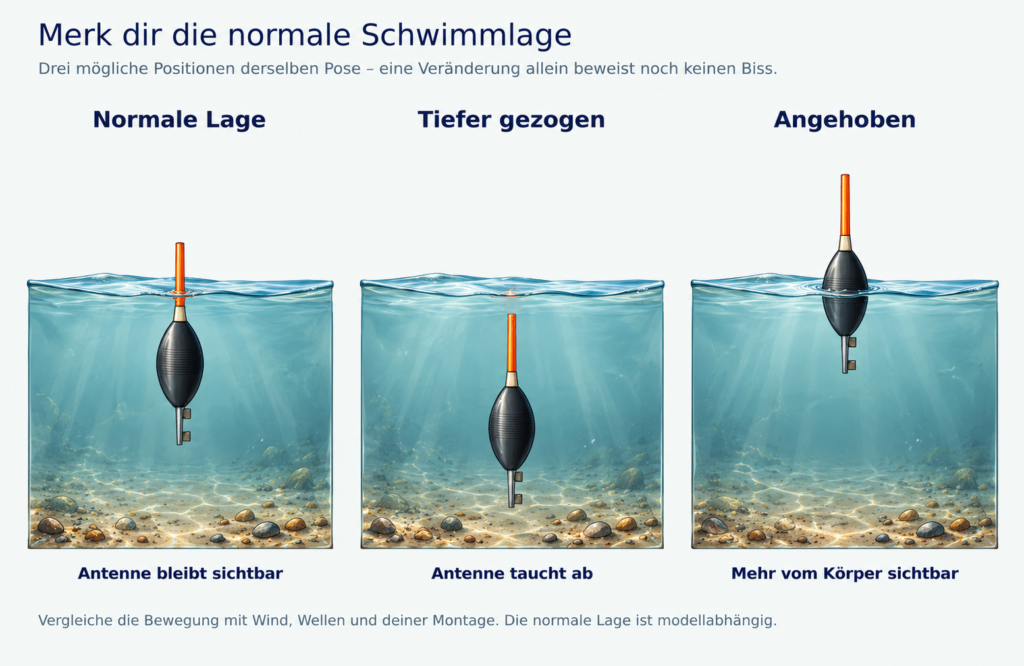 Drei Positionen derselben Pose: normale Lage mit sichtbarer Antenne, vollständig abgetaucht und angehoben mit sichtbarem Körper