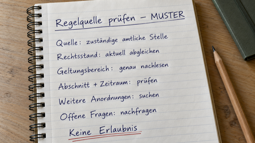 Ausgefüllte Muster-Checkliste zu amtlicher Quelle, Rechtsstand, Geltungsbereich, Abschnitt, Zeitraum und weiteren Anordnungen.