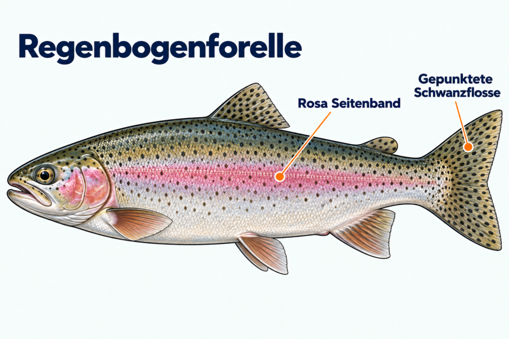 Detailreiche Regenbogenforelle mit rosa Seitenband, gepunkteten Schwanzlappen und markierter Fettflosse