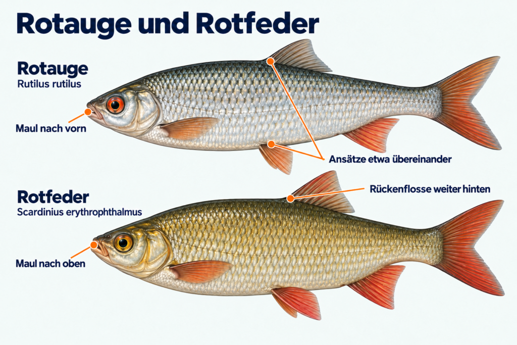 Rotauge und Rotfeder mit unterschiedlicher Maulrichtung und Lage der Rückenflossenansätze