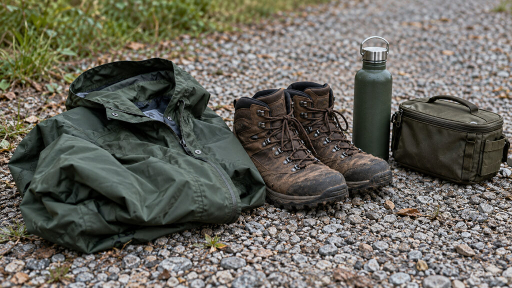 Regenjacke, feste Schuhe, Trinkflasche und Tasche auf einem Kiesweg