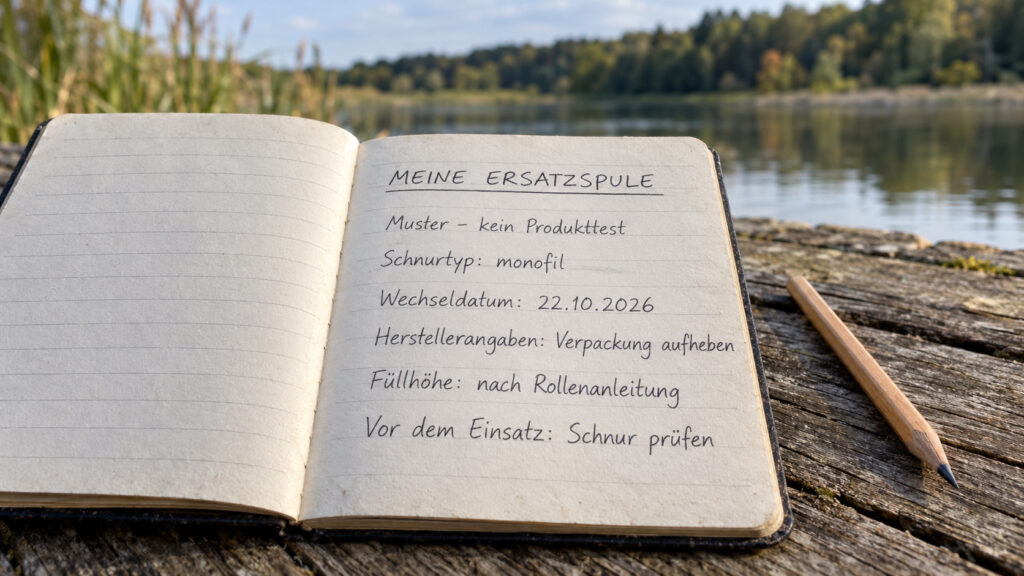 Notizbuch mit Musternotiz zu monofiler Schnur, Wechseldatum, Herstellerangaben und Spulenkontrolle