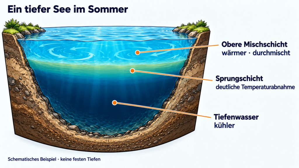 Lernzeichnung eines tiefen Sees mit wärmerer oberer Mischschicht, Sprungschicht mit Temperaturabnahme und kühlerem Tiefenwasser.
