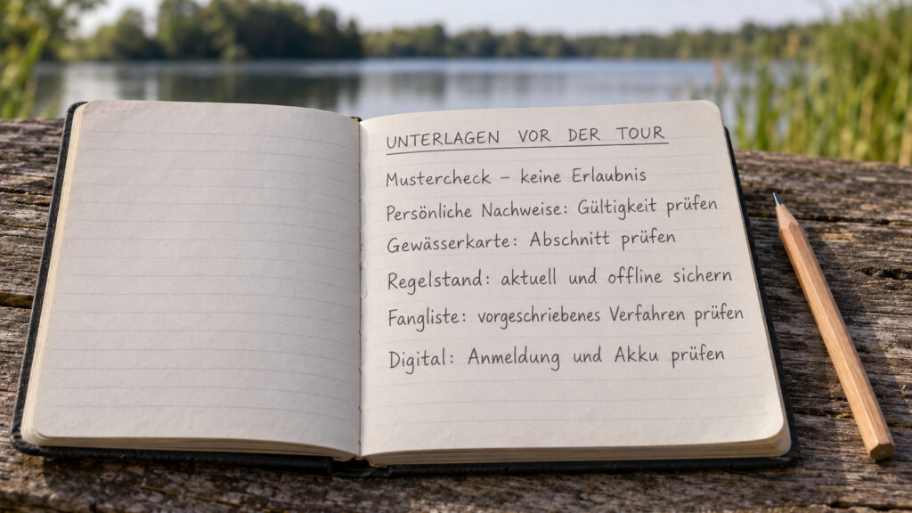 Notizbuch mit Mustercheck zu persönlichen Nachweisen, Gewässerkarte, Regelstand, Fangliste und Akku