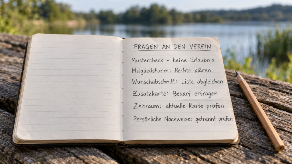 Angelverein: Fragen vor dem Einstieg Notizbuch mit Musterfragen zu Mitgliedsform, Gewässerabschnitt, Zusatzkarte und persönlichen Nachweisen
